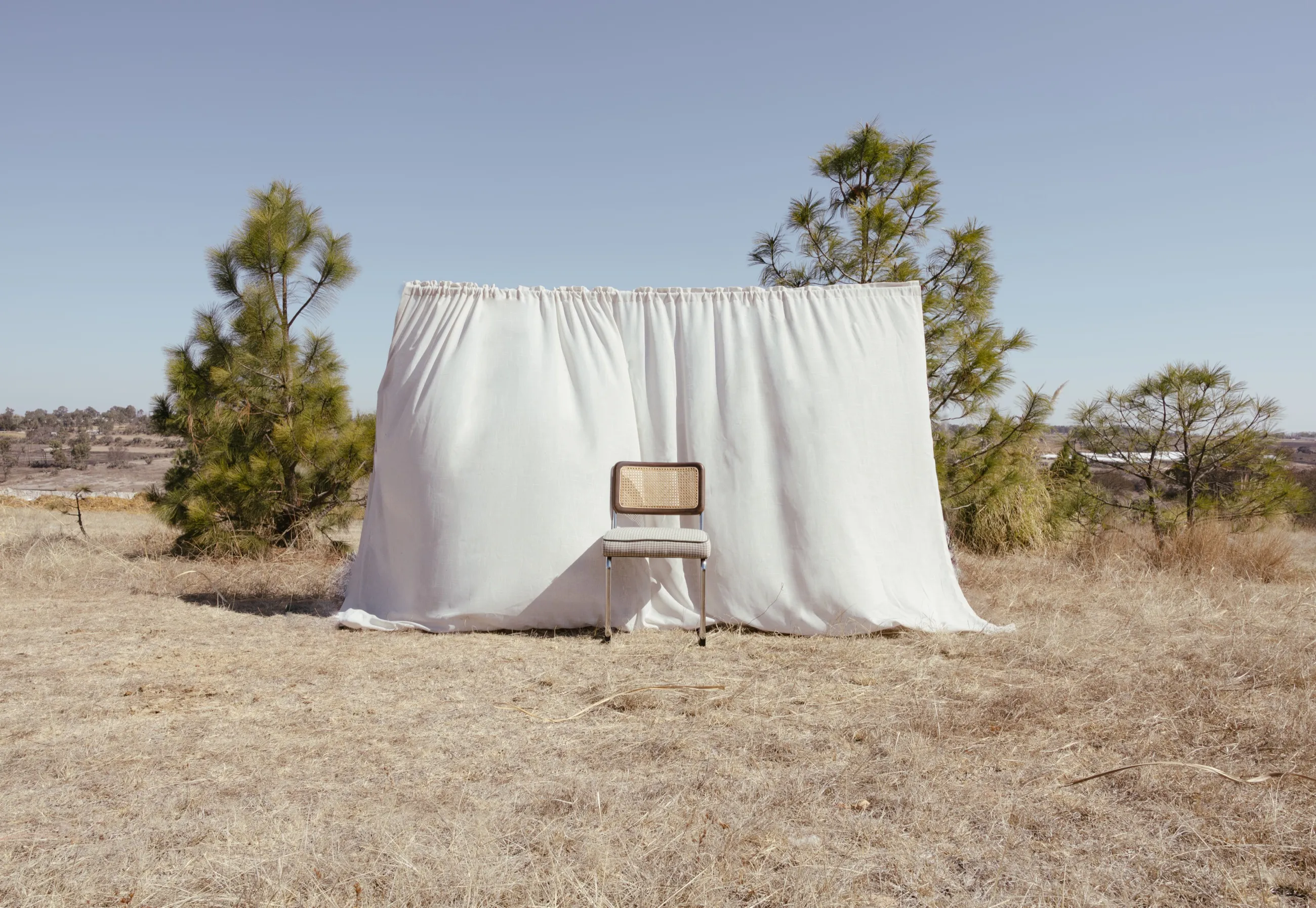 Telón de tela blanca al aire libre con una silla de rejilla en un campo de hierba seca rodeado de pinos