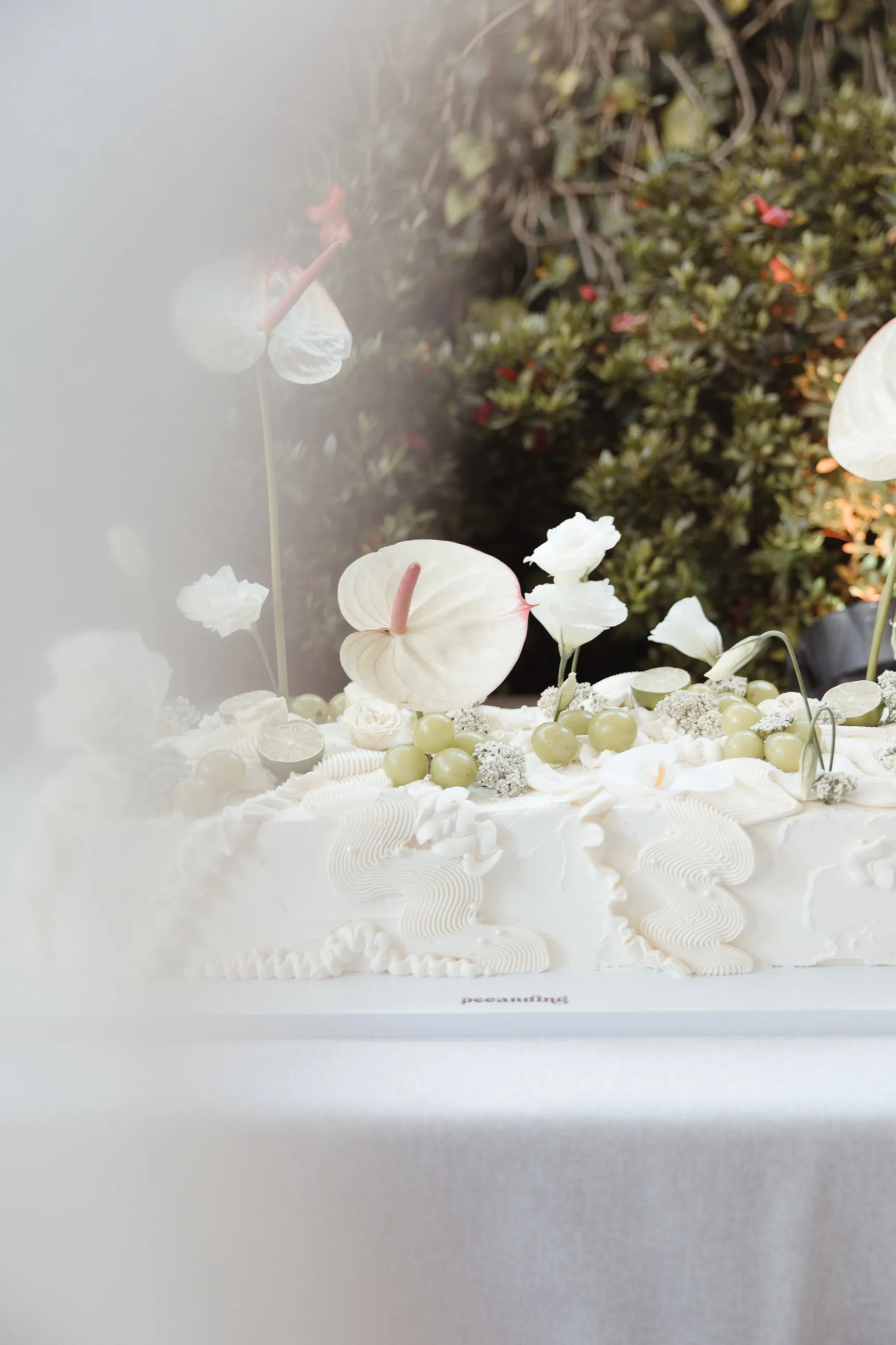 Pastel de bodas blanco decorado con flores blancas y uvas verdes ante un jardín